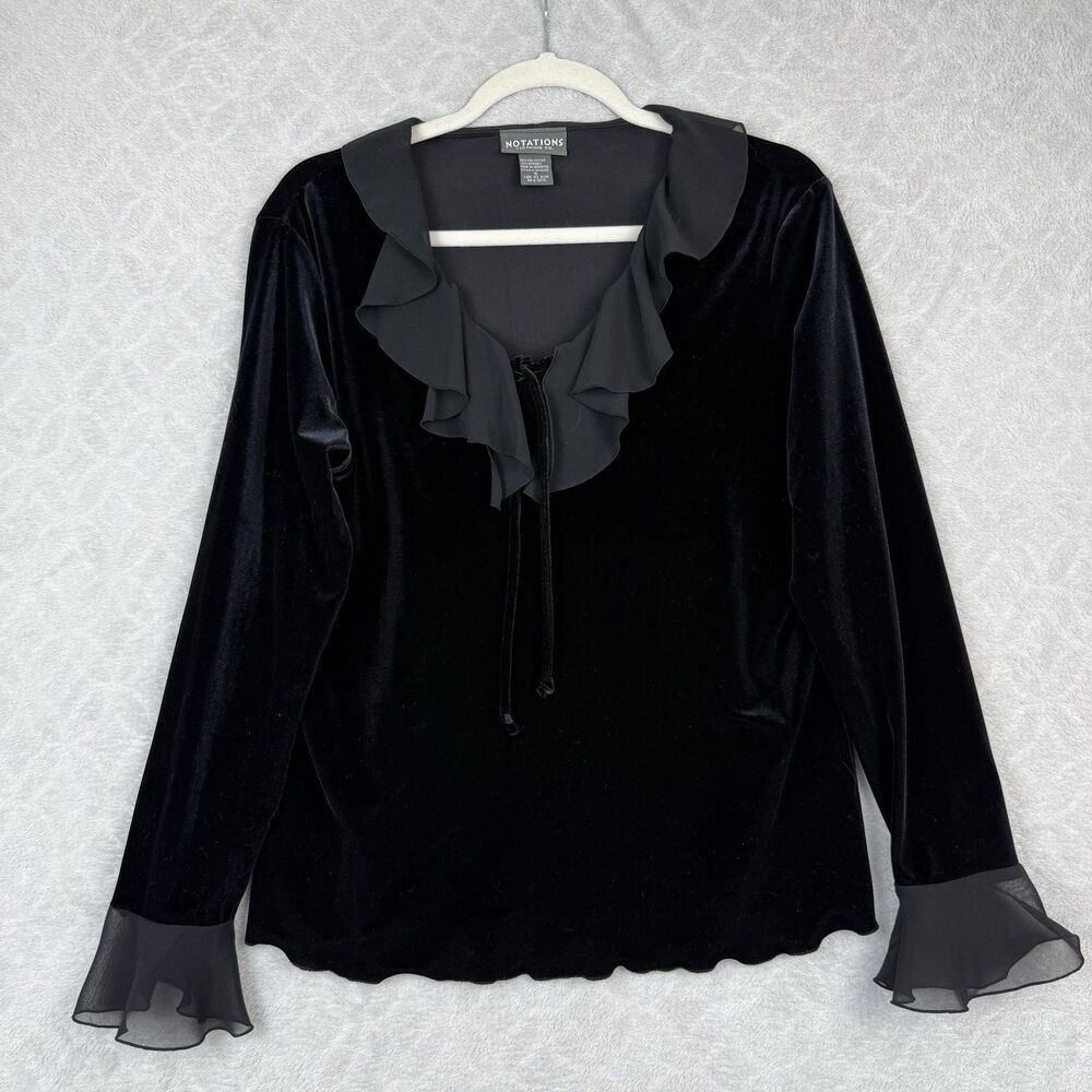 Vtg Velvet Peasant Top Women Small Black Ruffle Bell Sleeve Whimsygoth Victorian